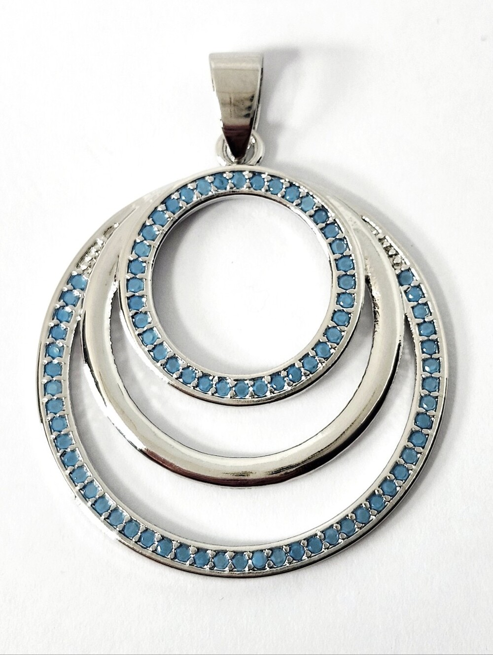 Silver Blue Quartz Triple Circle Pendant size 1.5"